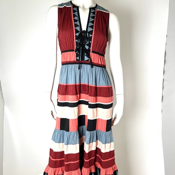 Ulla Johnson Dresses & Skirts - Authentic Ulla Johnson V Neck Midi Striped Cotton Blue Burgundy Sleeveless Dress